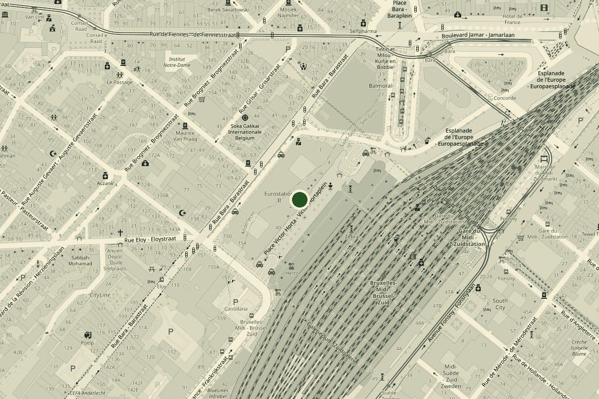 Plan du quartier de la gare du Midi : le restaurant au 20 place Victor Horta, le long des voies de la gare de Bruxelles-Midi
